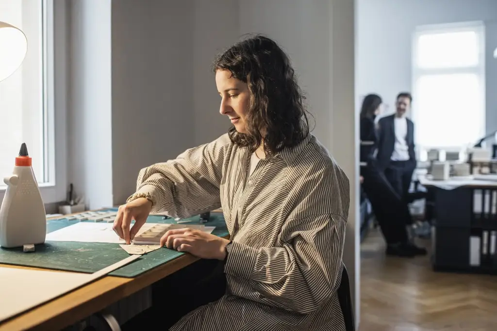 Eine konzentrierte Mitarbeiterin arbeitet an einem Architekturmodell in den hellen Unternehmensräumen in Ulm.