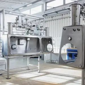 Hochwertige Edelstahlanlagen und Isolatoren in einer hellen Produktionshalle – professionelle Industriefotografie für den Anlagenbau in Ulm.