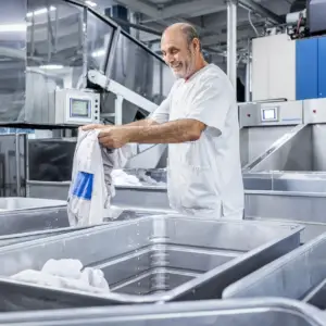 Ein lächelnder Mitarbeiter einer Ulmer Großwäscherei bei der Sortierung von weißer Arbeitskleidung in einer hellen Produktionsumgebung.